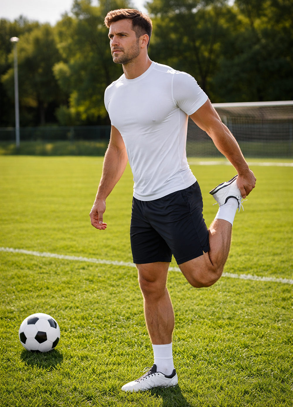 Male soccer playing stretching to warm up before playing sport