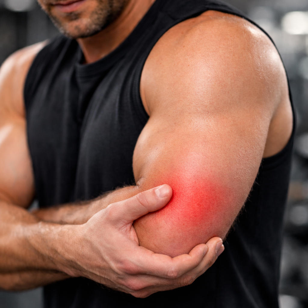 tennis elbow - man holding elbow due to pain